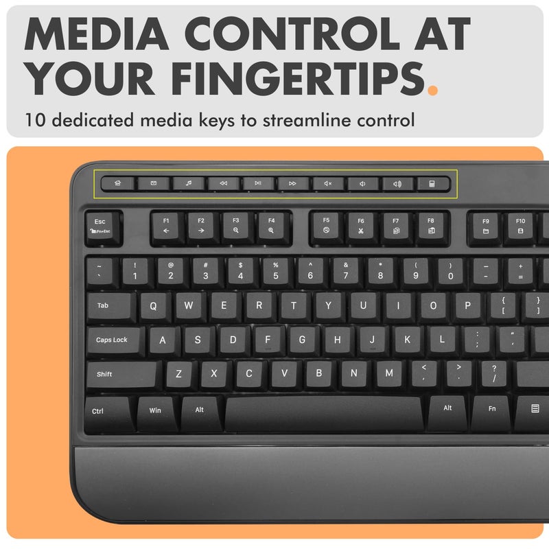 X9 Performance X9 Wired Keyboard - Comfortable Typing - Ergonomic Full Size USB Keyboard with Wrist Rest, Number Pad, Multimedia and 114 Keys - External Computer Keyboard for Laptop, Desktop and Office PC - Image 4